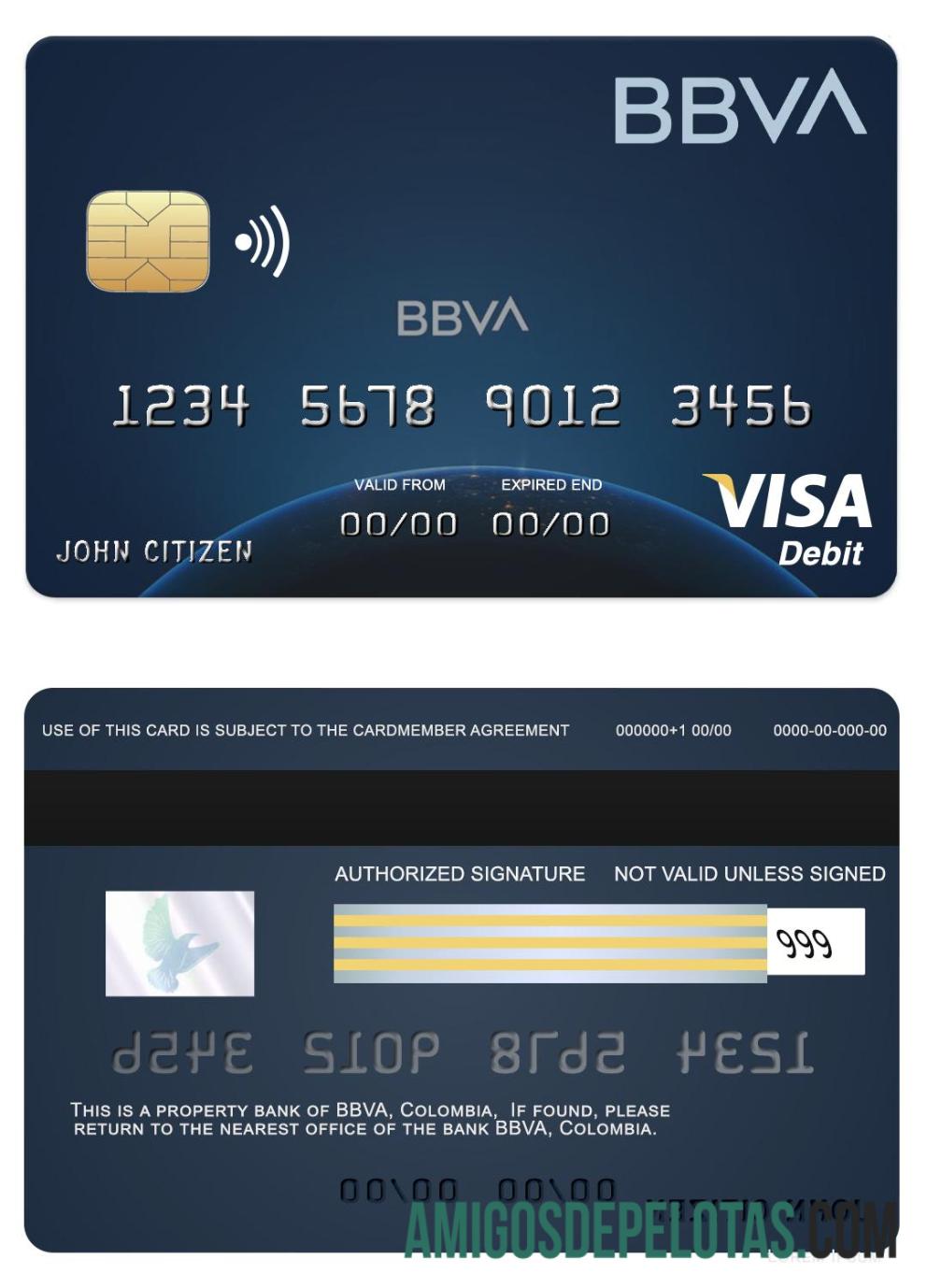 Cartão Visa do Banco BBVA da Colômbia modelo